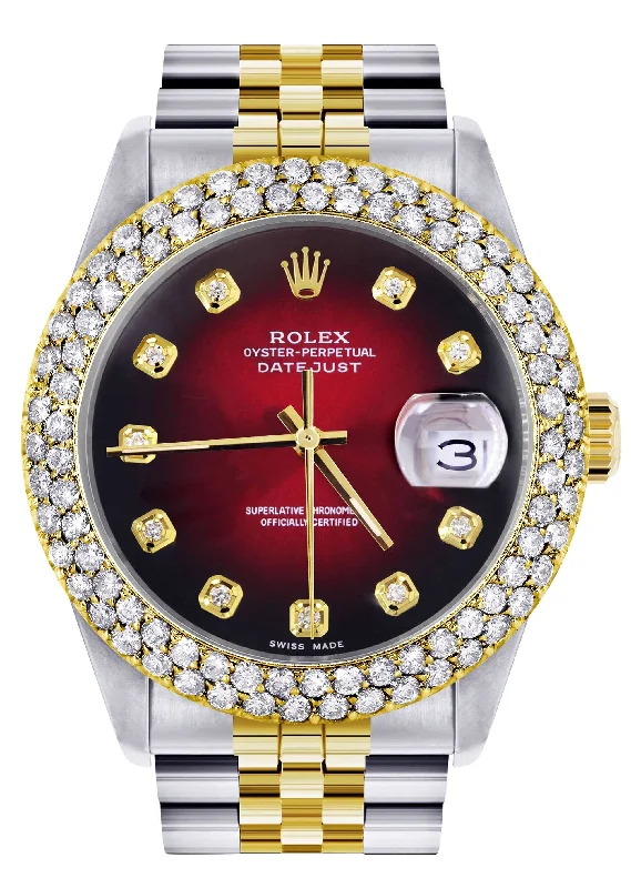 Diamond Gold Rolex Watch For Men 16233 | 36Mm | Custom Red Black Dial | Two Row 4.25 Carat Bezel | Jubilee Band