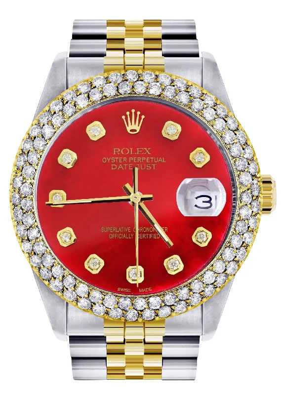 Diamond Gold Rolex Watch For Men 16233 | 36Mm | Custom Red Dial | Two Row 4.25 Carat Bezel | Jubilee Band