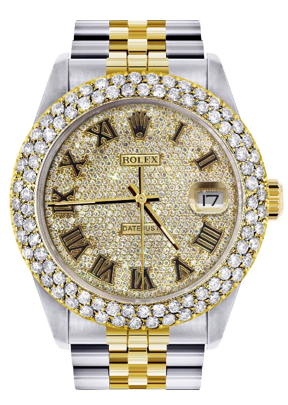 Diamond Gold Rolex Watch For Men 16233 | 36Mm | Diamond Gold Roman Numeral Dial | Two Row 4.25 Carat Bezel | Jubilee Band