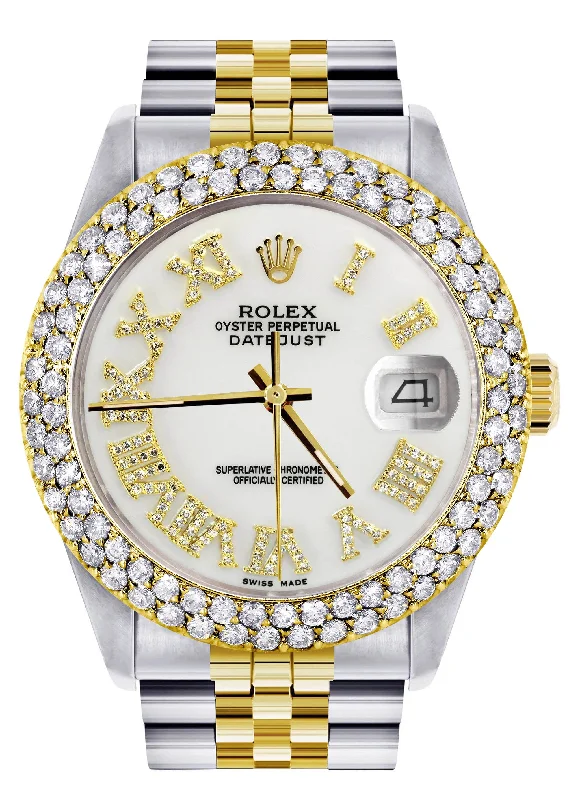 Diamond Gold Rolex Watch For Men 16233 | 36Mm | Diamond White Roman Numeral Dial | Two Row 4.25 Carat Bezel | Jubilee Band