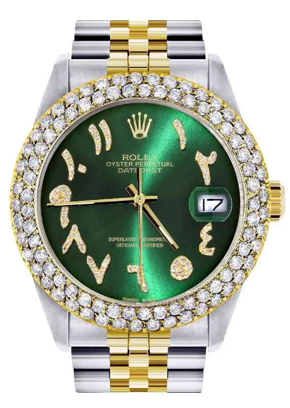 Diamond Gold Rolex Watch For Men 16233 | 36Mm | Green Arabic Diamond Dial | Two Row 4.25 Carat Bezel | Jubilee Band