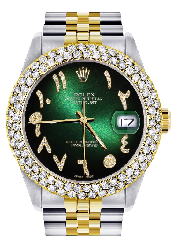 Diamond Gold Rolex Watch For Men 16233 | 36Mm | Green Black Arabic Diamond Dial | Two Row 4.25 Carat Bezel | Jubilee Band