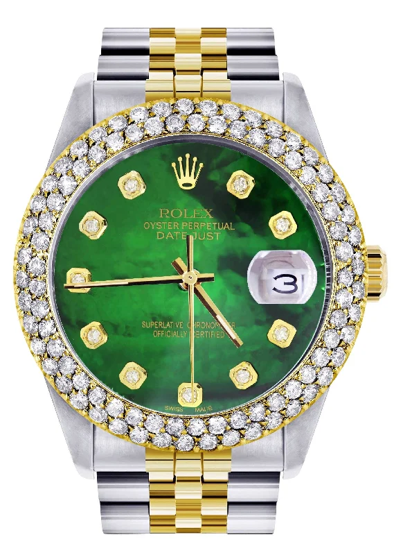 Diamond Gold Rolex Watch For Men 16233 | 36Mm | Green Mother of Pearl Dial | Two Row 4.25 Carat Bezel | Jubilee Band