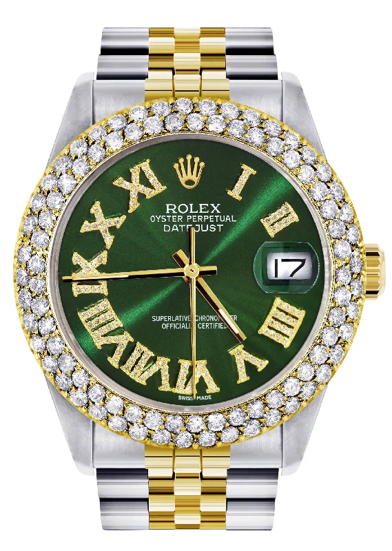 Diamond Gold Rolex Watch For Men 16233 | 36Mm | Green Roman Numeral Dial | Two Row 4.25 Carat Bezel | Jubilee Band