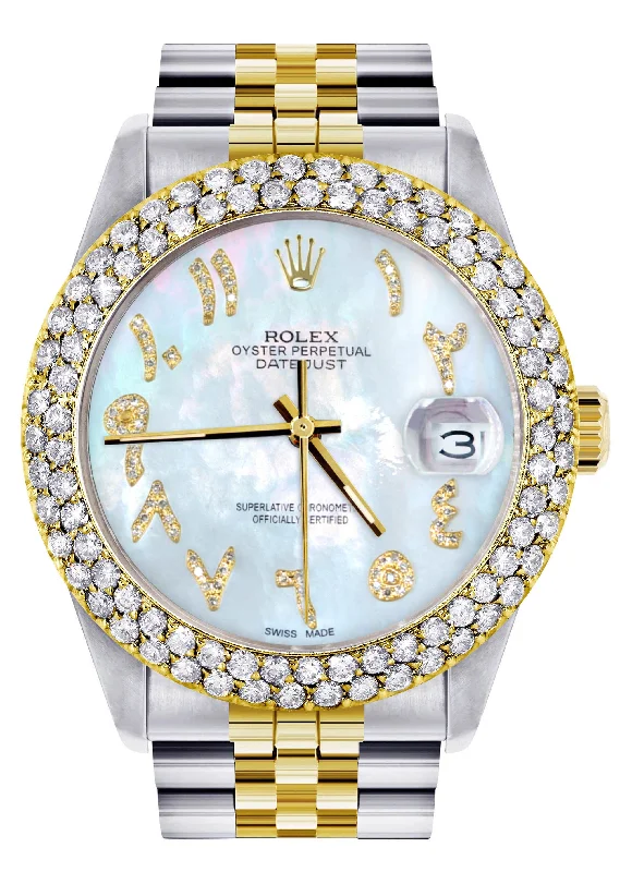 Diamond Gold Rolex Watch For Men 16233 | 36Mm | Mother of Pearl Arabic Diamond Dial | Two Row 4.25 Carat Bezel | Jubilee Band