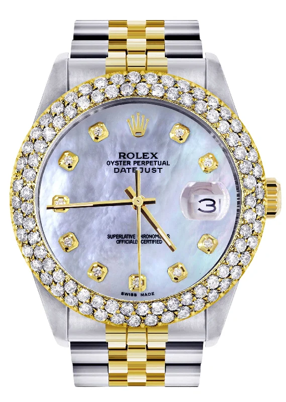 Diamond Gold Rolex Watch For Men 16233 | 36Mm | Mother of Pearl Dial | Two Row 4.25 Carat Bezel | Jubilee Band