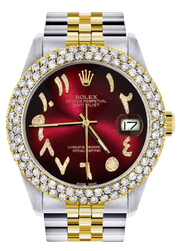 Diamond Gold Rolex Watch For Men 16233 | 36Mm | Red Black Arabic Diamond Dial | Two Row 4.25 Carat Bezel | Jubilee Band