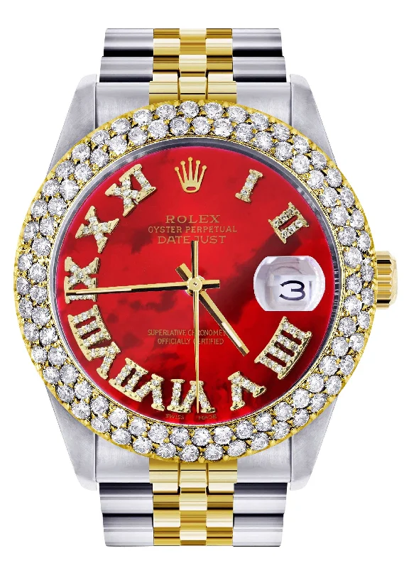 Diamond Gold Rolex Watch For Men 16233 | 36Mm | Red Mother of Pearl Roman Numeral Dial | Two Row 4.25 Carat Bezel | Jubilee Band