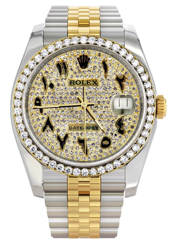 116233 | Hidden Clasp | Diamond Gold Rolex Watch For Men | 36Mm | Black Arabic Full Diamond Dial | Jubilee Band