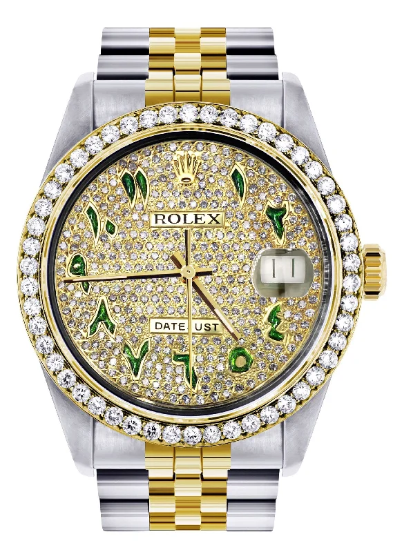 Diamond Gold Rolex Watch For Men 16233 | 36Mm | Custom Green Arabic Full Diamond Dial | Jubilee Band