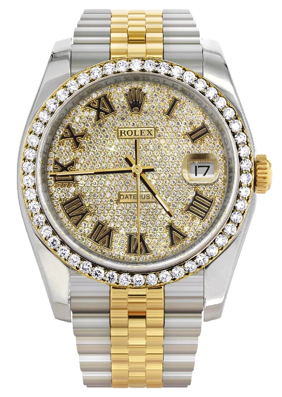 116233 | Hidden Clasp | Diamond Gold Rolex Watch For Men | 36MM | Full Diamond Roman Dial | Jubilee Band