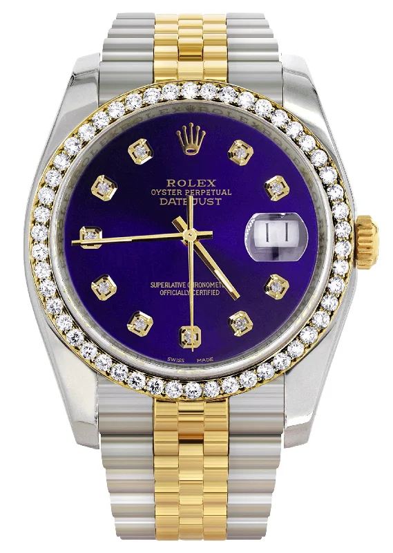 116233 | Hidden Clasp | Diamond Gold Rolex Watch For Men | 36Mm | Royal Blue Dial | Jubilee Band