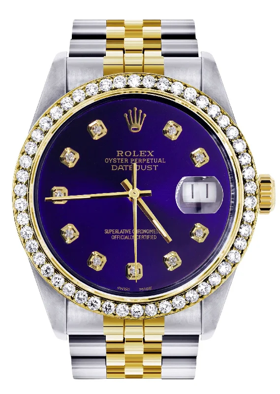 Diamond Gold Rolex Watch For Men 16233 | 36Mm | Royal Blue Dial | Jubilee Band