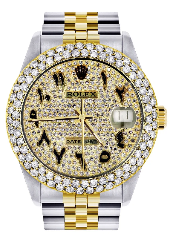 Diamond Gold Rolex Watch For Women 16233 | 36Mm | Black Arabic Full Diamond Dial | Two Row 4.25 Carat Bezel | Jubilee Band