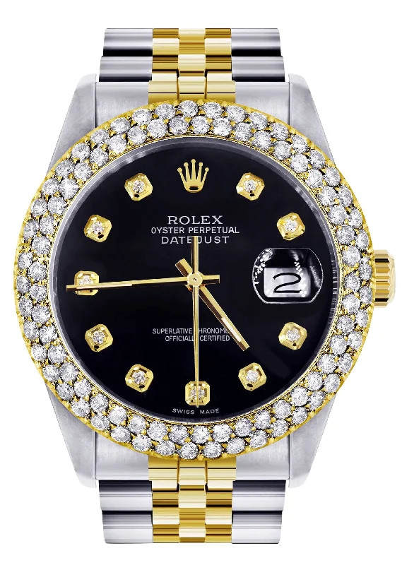 Diamond Gold Rolex Watch For Women 16233 | 36Mm | Black Dial | Two Row 4.25 Carat Bezel | Jubilee Band