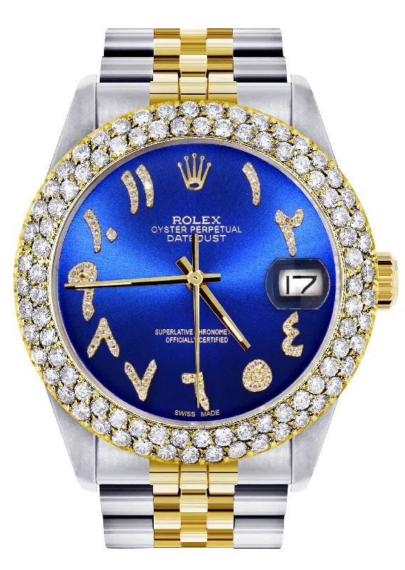 Diamond Gold Rolex Watch For Women 16233 | 36Mm | Blue Arabic Diamond Dial | Two Row 4.25 Carat Bezel | Jubilee Band