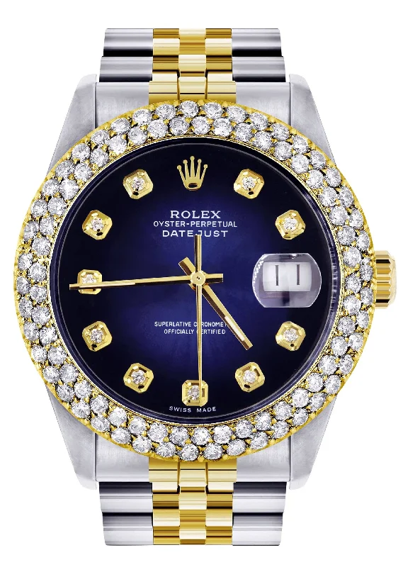 Diamond Gold Rolex Watch For Women 16233 | 36Mm | Blue Black Dial | Two Row 4.25 Carat Bezel | Jubilee Band