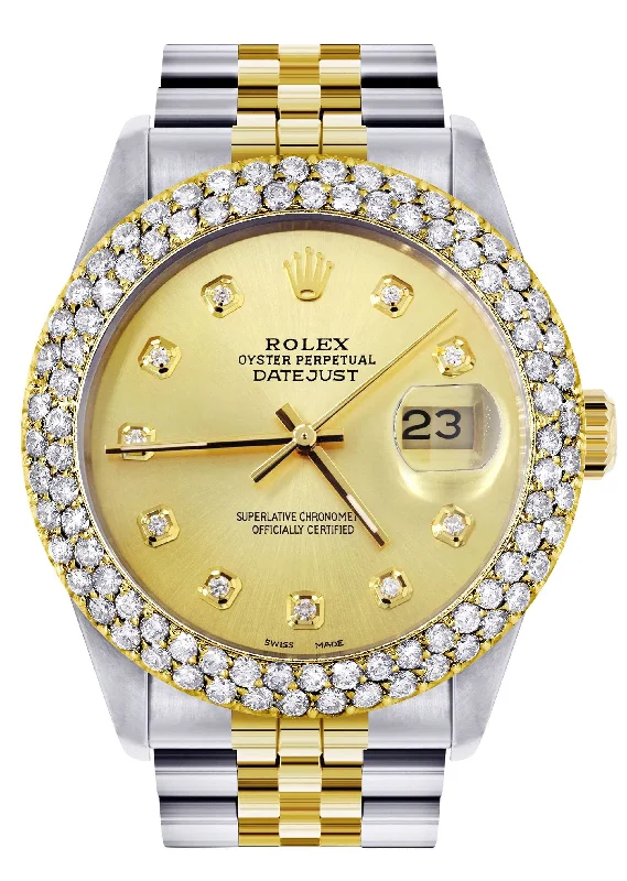 Diamond Gold Rolex Watch For Women 16233 | 36Mm | Custom Gold Dial | Two Row 4.25 Carat Bezel | Jubilee Band