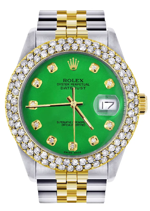 Diamond Gold Rolex Watch For Women 16233 | 36Mm | Custom Green Dial | Two Row 4.25 Carat Bezel | Jubilee Band