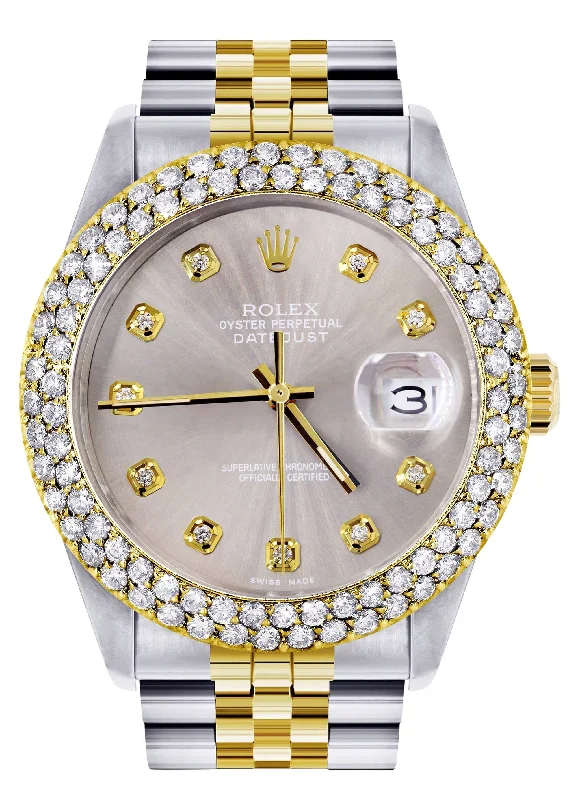 Diamond Gold Rolex Watch For Women 16233 | 36Mm | Custom Grey Dial | Two Row 4.25 Carat Bezel | Jubilee Band