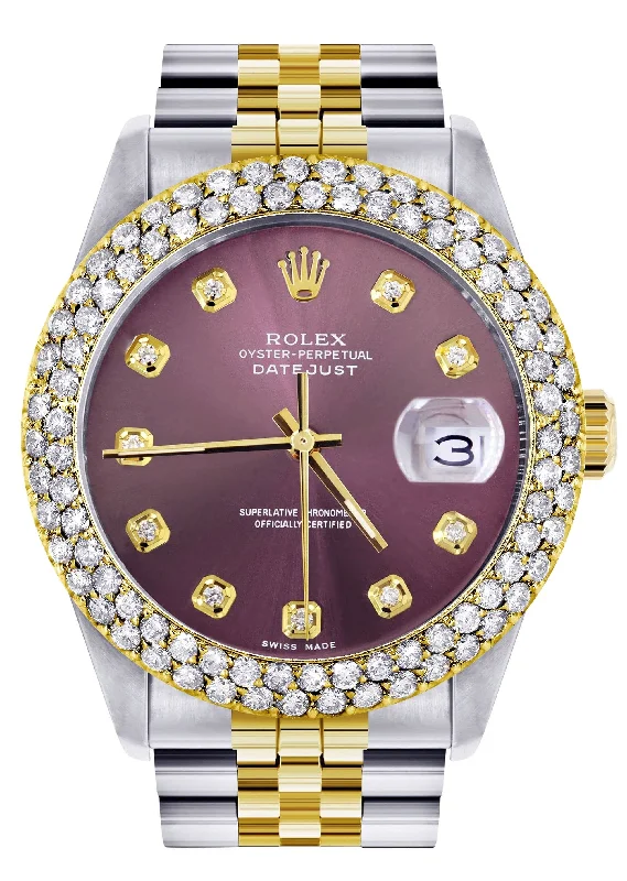 Diamond Gold Rolex Watch For Women 16233 | 36Mm | Custom Purple Dial | Two Row 4.25 Carat Bezel | Jubilee Band