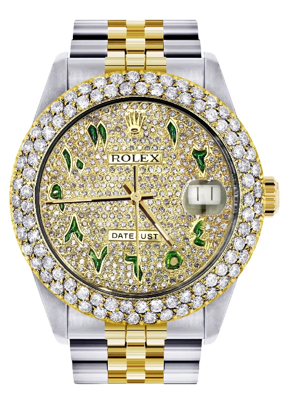 Diamond Gold Rolex Watch For Women 16233 | 36Mm | Diamond Green Arabic Dial | Two Row 4.25 Carat Bezel | Jubilee Band