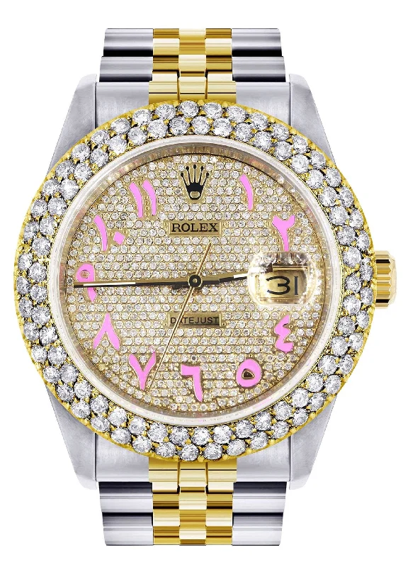 Diamond Gold Rolex Watch For Women 16233 | 36Mm | Diamond Pink Arabic Dial | Two Row 4.25 Carat Bezel | Jubilee Band