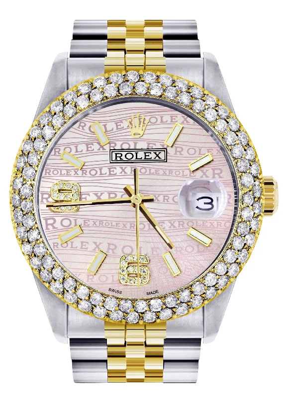 Diamond Gold Rolex Watch For Women 16233 | 36Mm | Pink Texture Dial | Two Row 4.25 Carat Bezel | Jubilee Band