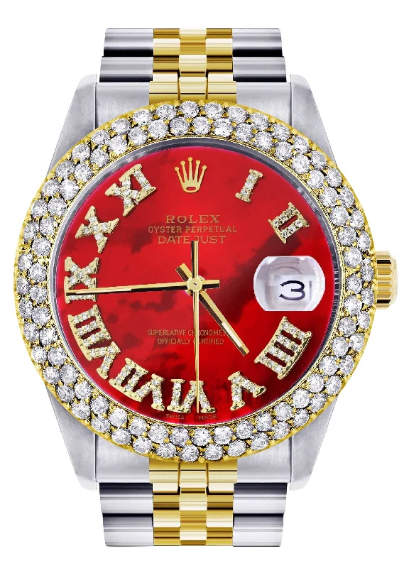 Diamond Gold Rolex Watch For Women 16233 | 36Mm | Red Mother of Pearl Roman Numeral Dial | Two Row 4.25 Carat Bezel | Jubilee Band