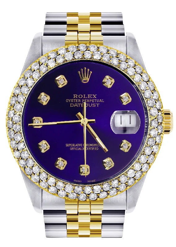 Diamond Gold Rolex Watch For Women 16233 | 36Mm | Royal Blue Dial | Two Row 4.25 Carat Bezel | Jubilee Band