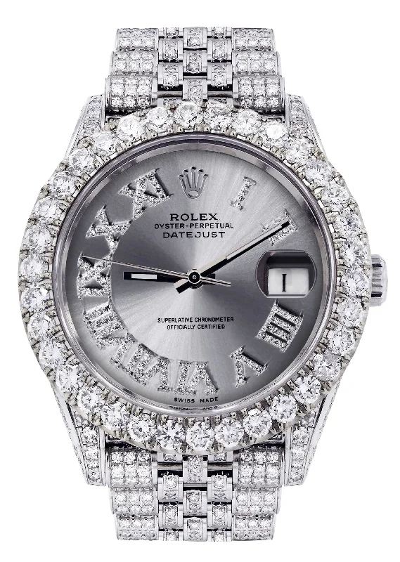 Diamond Iced Out Rolex Datejust 41 | 25 Carats Of Diamonds | Custom Silver Roman Diamond Dial | Jubilee Band