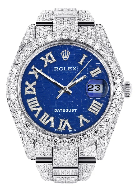 Diamond Iced Out Rolex Datejust 41 | 25 Carats Of Diamonds | Blue Text Pattern Dial | Two Row | Oyster Band