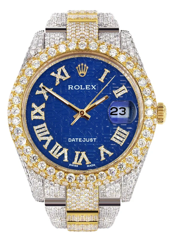 Diamond Iced Out Rolex Datejust 41 | 25 Carats Of Diamonds | Blue Text Pattern Dial | Two Tone | Two Row | Oyster Band