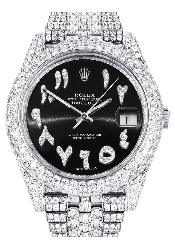 Diamond Iced Out Rolex Datejust 41 | 25 Carats Of Diamonds | Custom Black Arabic Numeral Diamond Dial | Two Row | Jubilee Band