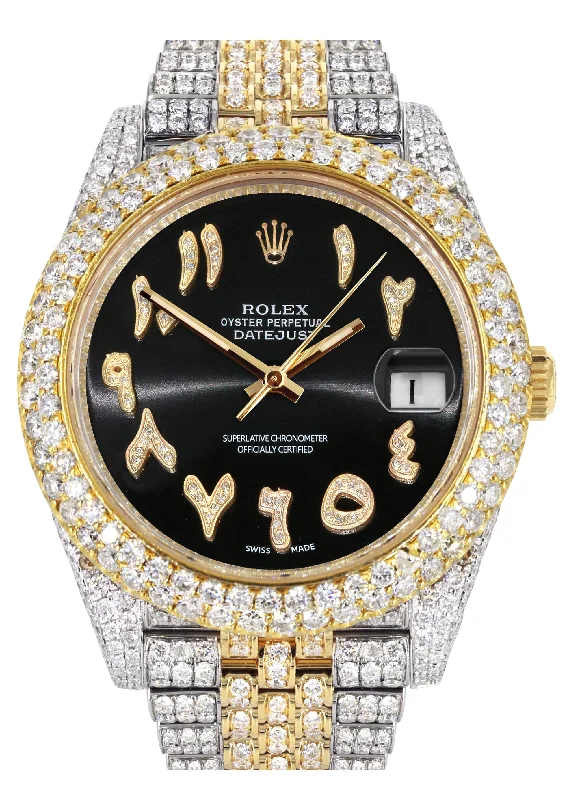 Diamond Iced Out Rolex Datejust 41 | 25 Carats Of Diamonds | Custom Black Arabic Numeral Diamond Dial | Two Tone | Two Row | Jubilee Band