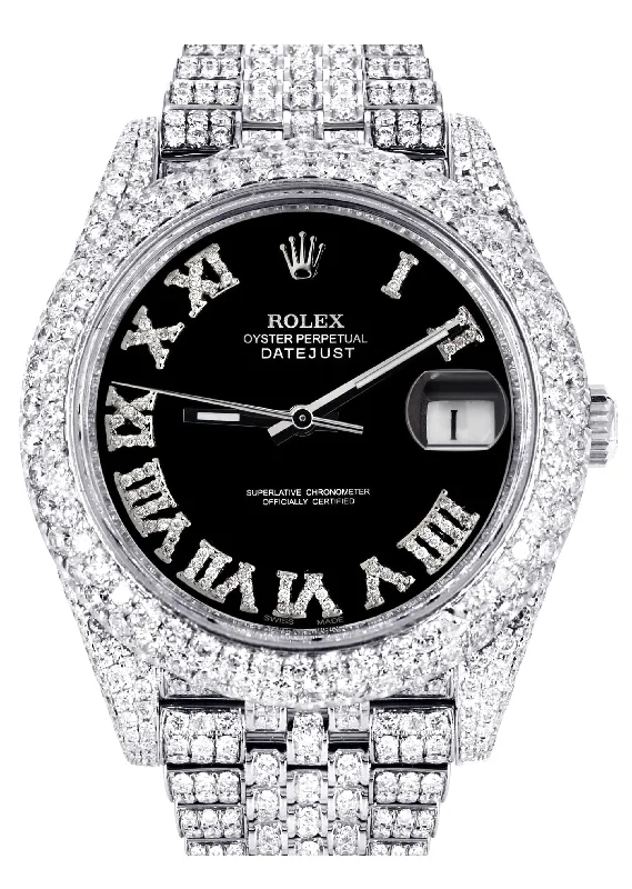 Diamond Iced Out Rolex Datejust 41 | 25 Carats Of Diamonds | Custom Black Roman Numeral Diamond Dial | Two Row | Jubilee Band