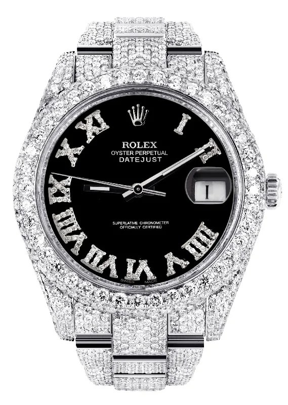 Diamond Iced Out Rolex Datejust 41 | 25 Carats Of Diamonds | Custom Black Roman Numeral Diamond Dial | Two Row | Oyster Band