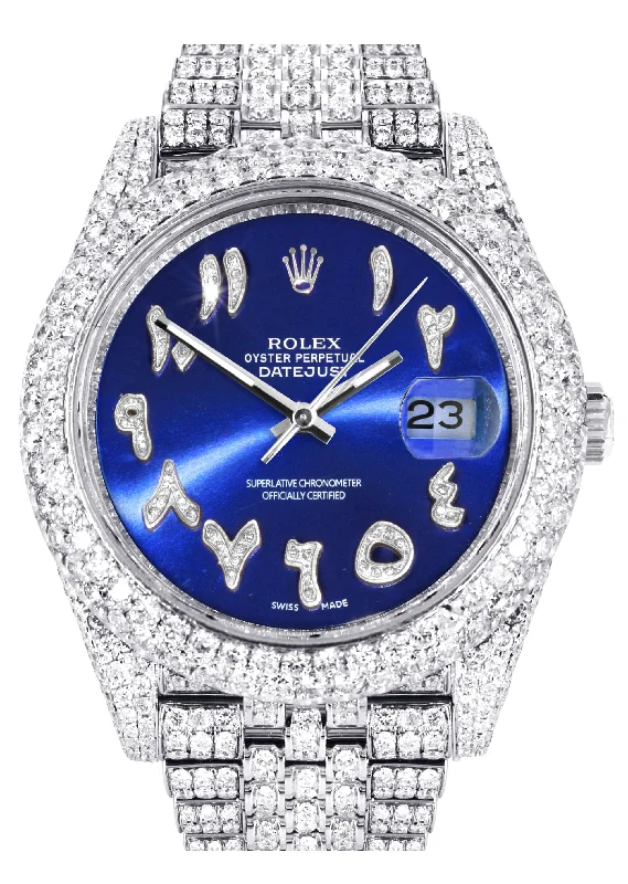 Diamond Iced Out Rolex Datejust 41 | 25 Carats Of Diamonds | Custom Blue Arabic Numeral Diamond Dial | Two Row | Jubilee Band