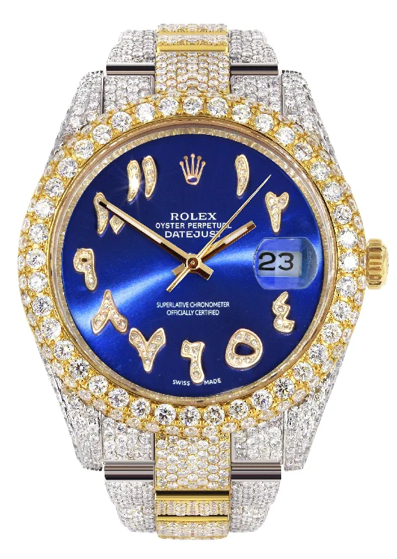 Diamond Iced Out Rolex Datejust 41 | 25 Carats Of Diamonds | Custom Blue Arabic Numeral Diamond Dial | Two Tone | Two Row |  Oyster Band