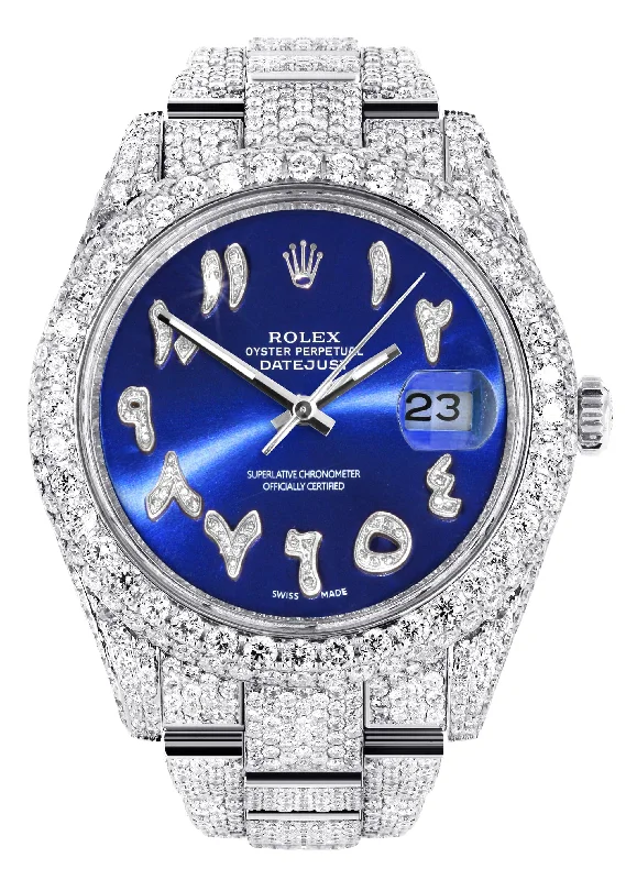 Diamond Iced Out Rolex Datejust 41 | 25 Carats Of Diamonds | Custom Blue Arabic Numeral Diamond Dial | Two Row | Oyster Band