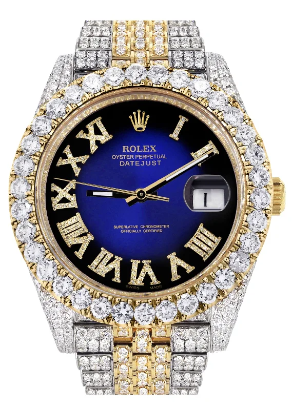 Diamond Iced Out Rolex Datejust 41 | 25 Carats Of Diamonds | Custom Blue Black Roman Numeral Diamond Dial | Two Tone | Jubilee Band