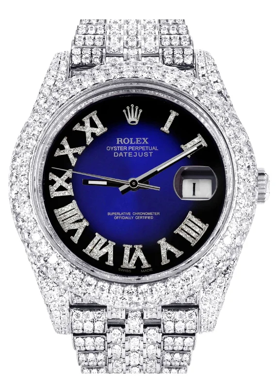 Diamond Iced Out Rolex Datejust 41 | 25 Carats Of Diamonds | Custom Blue Black Roman Numeral Diamond Dial | Two Row | Jubilee Band