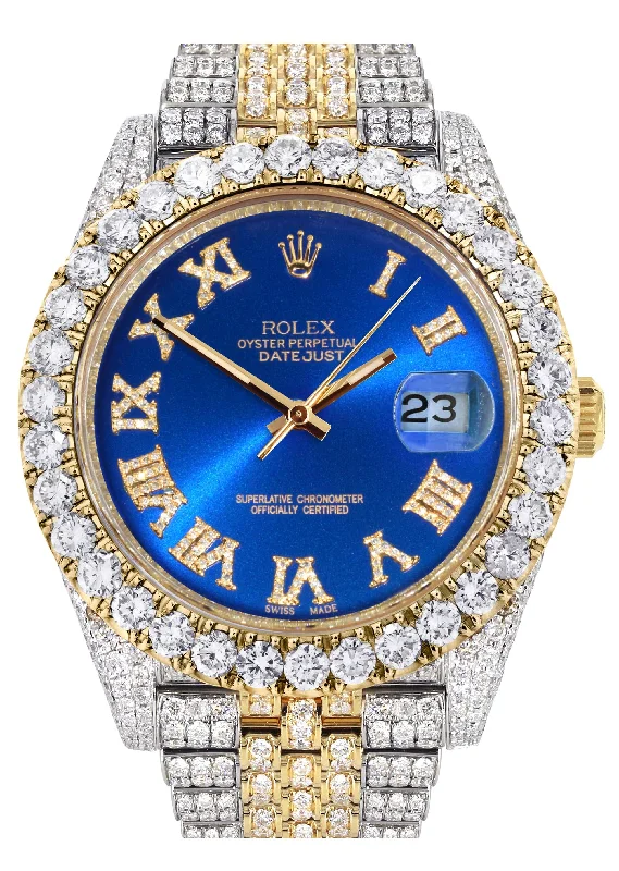 Diamond Iced Out Rolex Datejust 41 | 25 Carats Of Diamonds | Custom Blue Roman Numeral Diamond Dial | Two Tone | Jubilee Band