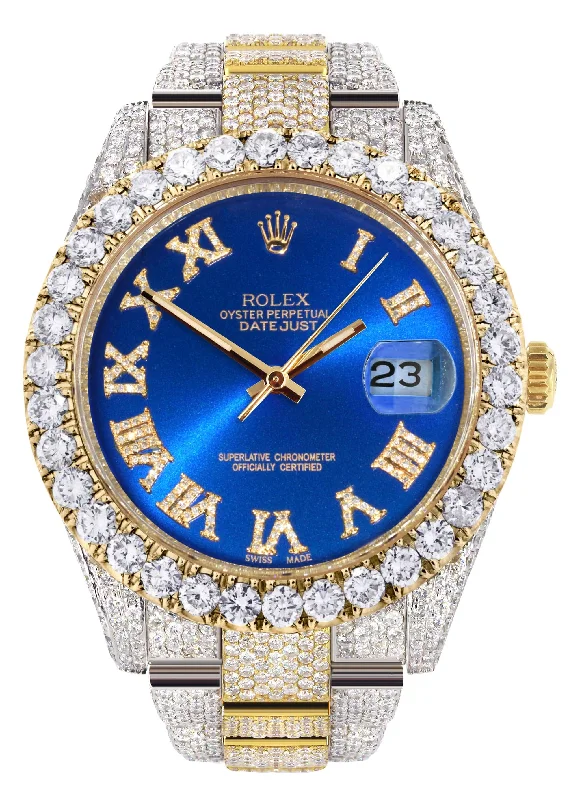 Diamond Iced Out Rolex Datejust 41 | 25 Carats Of Diamonds | Custom Blue Roman Numeral Diamond Dial | Two Tone | Oyster Band