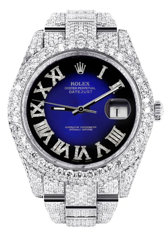 Diamond Iced Out Rolex Datejust 41 | 25 Carats Of Diamonds | Custom Blue Black Roman Numeral Diamond Dial | Two Row | Oyster Band