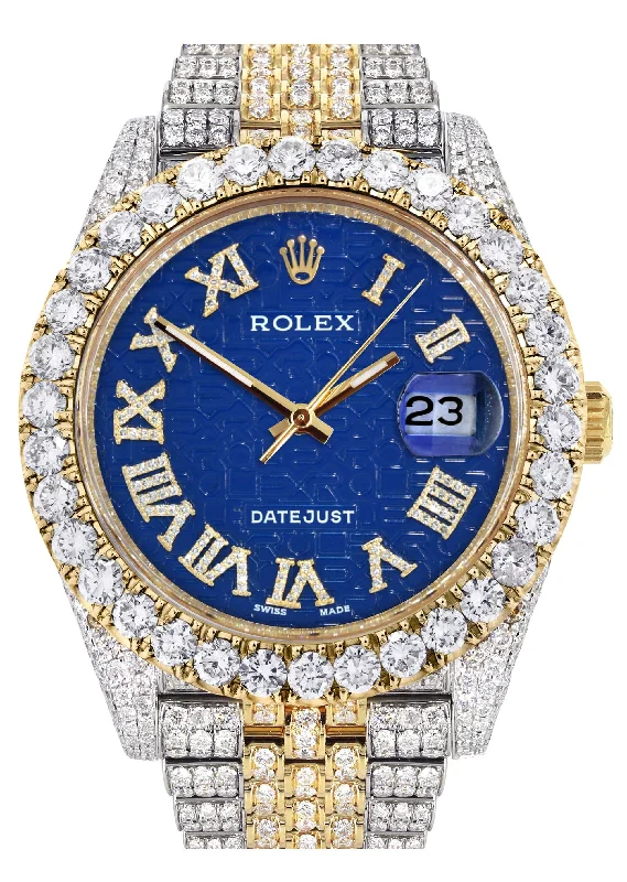 Diamond Iced Out Rolex Datejust 41 | 25 Carats Of Diamonds | Custom Blue Text Pattern Dial | Two Tone | Jubilee Band