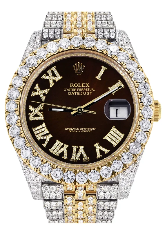 Diamond Iced Out Rolex Datejust 41 | 25 Carats Of Diamonds | Custom Dark Brown Roman Numeral Diamond Dial | Two Tone | Jubilee Band