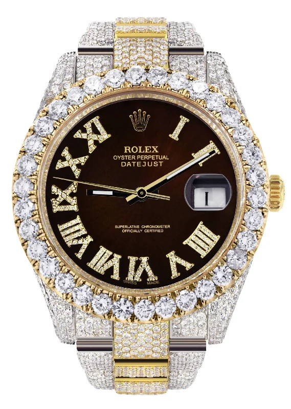 Diamond Iced Out Rolex Datejust 41 | 25 Carats Of Diamonds | Custom Dark Brown Roman Numeral Diamond Dial | Two Tone | Oyster Band