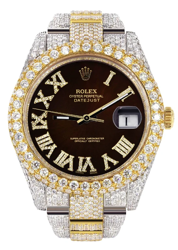 Diamond Iced Out Rolex Datejust 41 | 25 Carats Of Diamonds | Custom Dark Brown Roman Numeral Diamond Dial | Two Tone | Two Row | Oyster Band