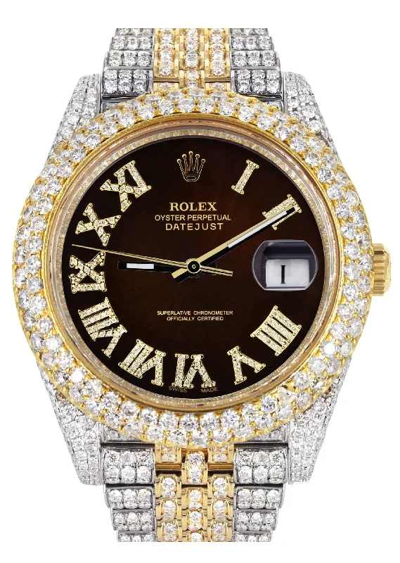 Diamond Iced Out Rolex Datejust 41 | 25 Carats Of Diamonds | Custom Dark Chocolate Roman Numeral Diamond Dial | Two Tone | Two Row | Jubilee Band